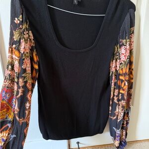 Blink London from Anthropologie Floral Sleeve Black Top